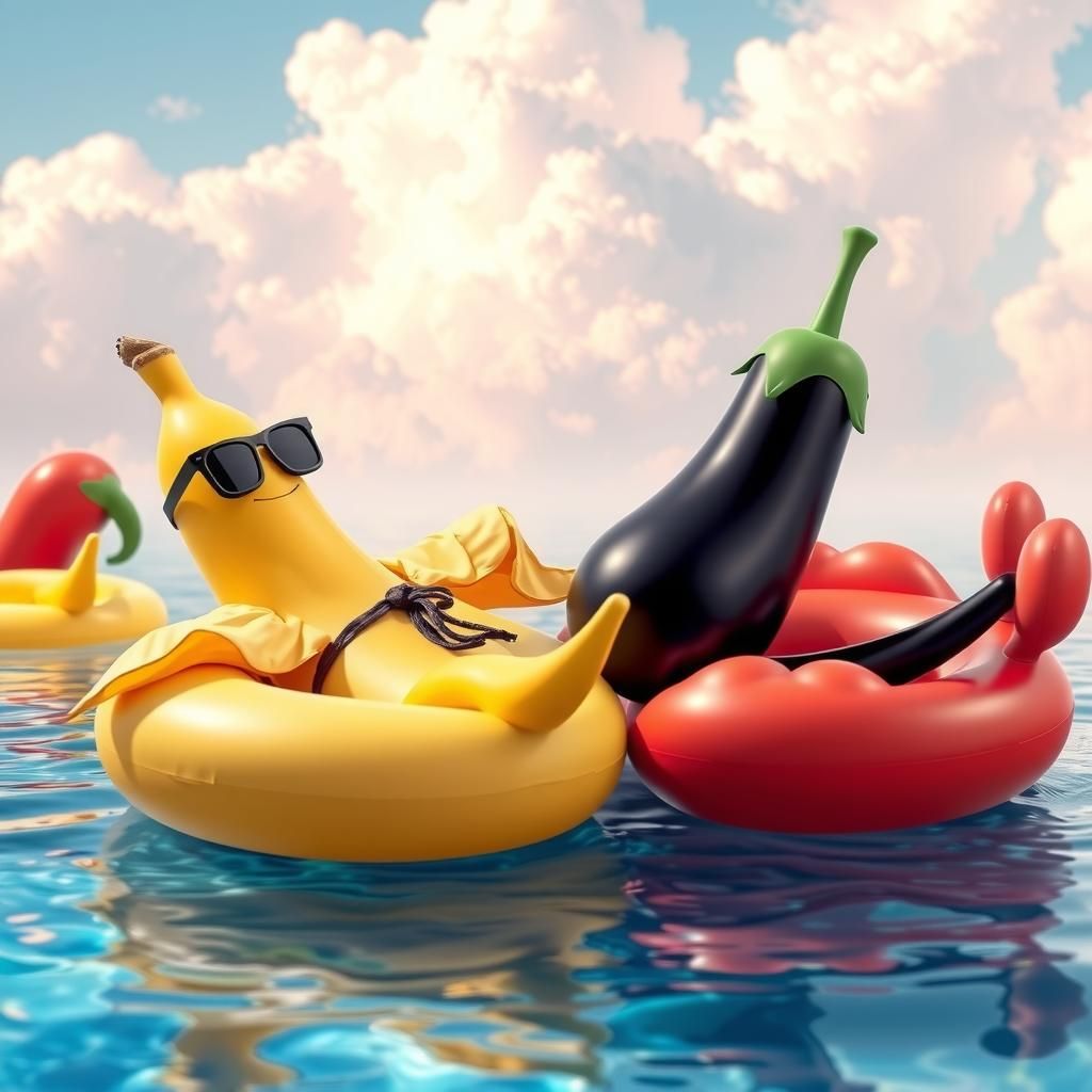 Banana and Eggplant Poolside in Surreal 3D Art