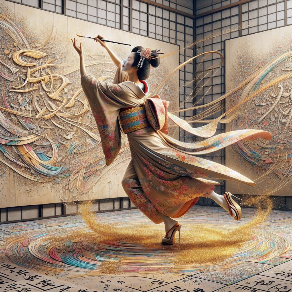 Geisha Dancing with Calligraphy Brush in Impasto Style