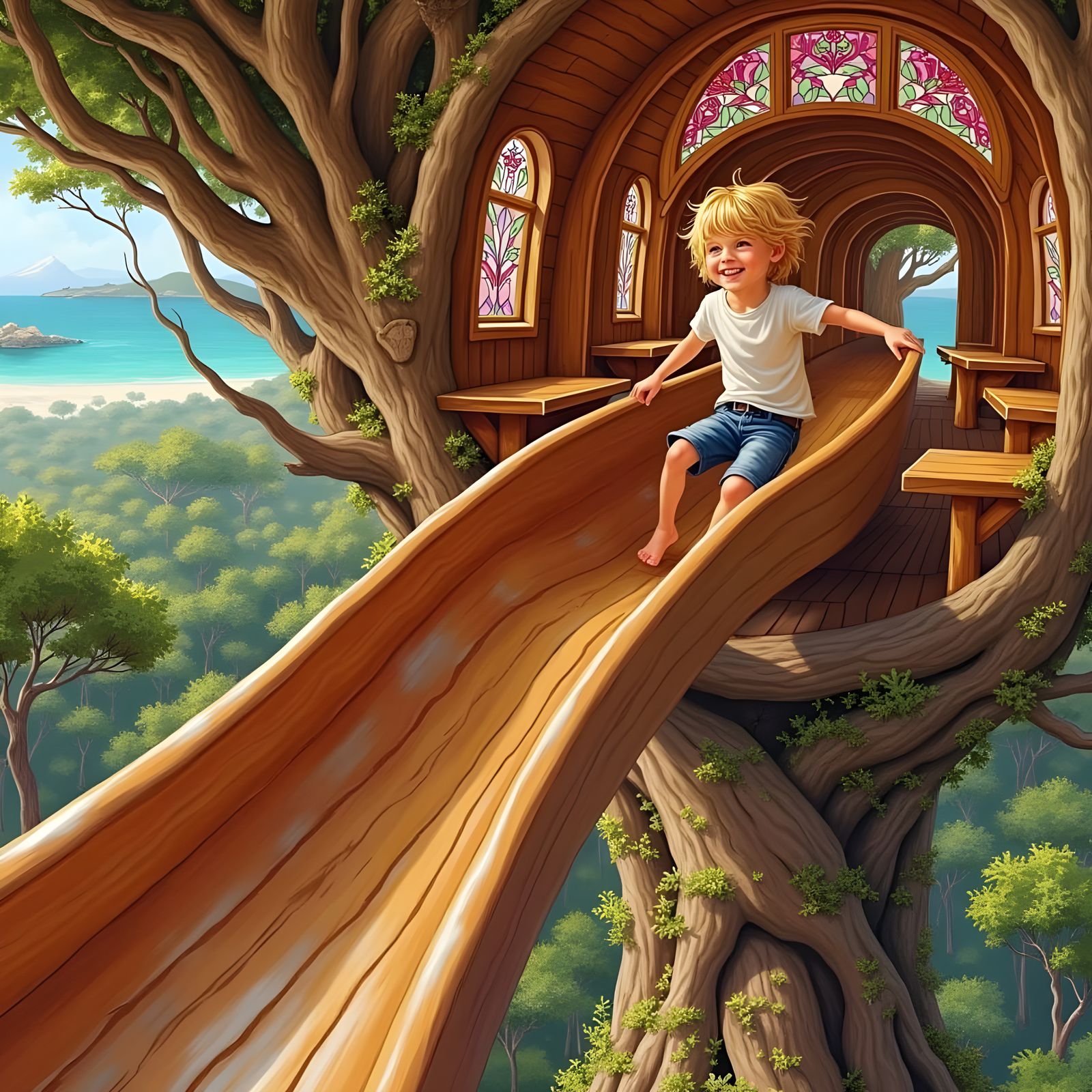 Joyful Boy Slides Down a Whimsical Tree Branch Slide