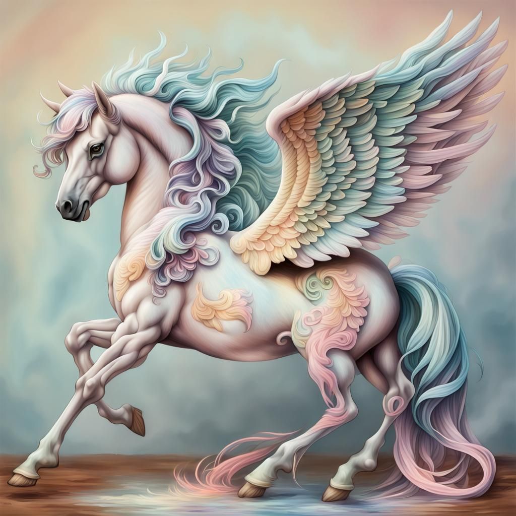 Detailed Pastel Drawing of a Pegasus