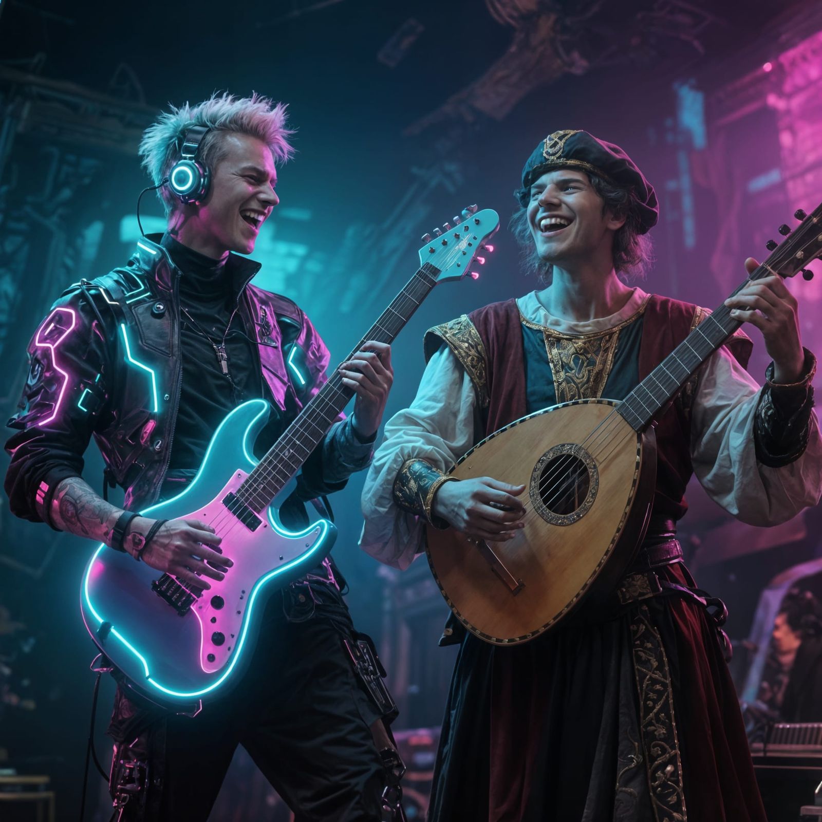 Cyberpunk Guitarist & Lute Player: A Happy Encounter