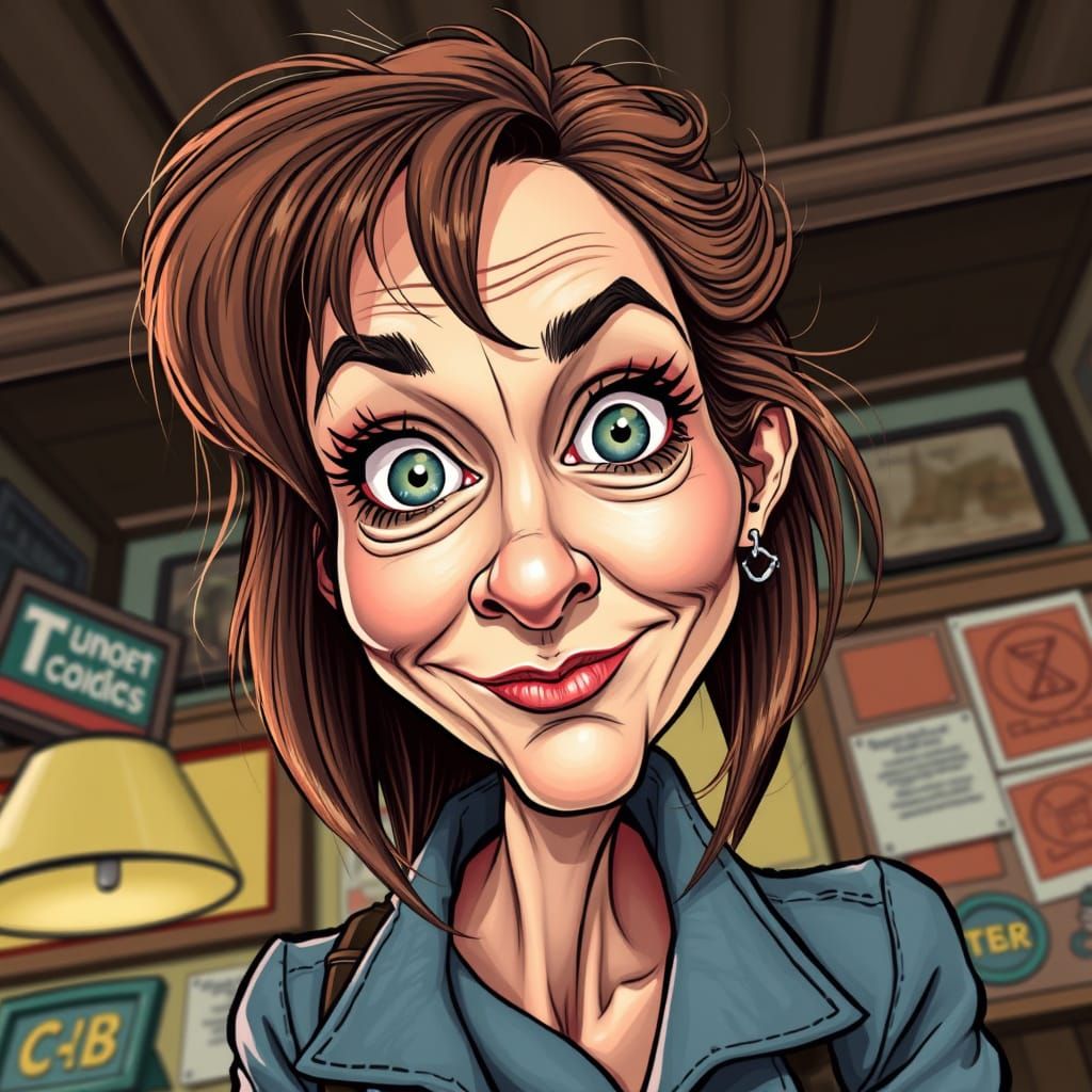 Exaggerated Caricature of a Woman Looking Into Camera