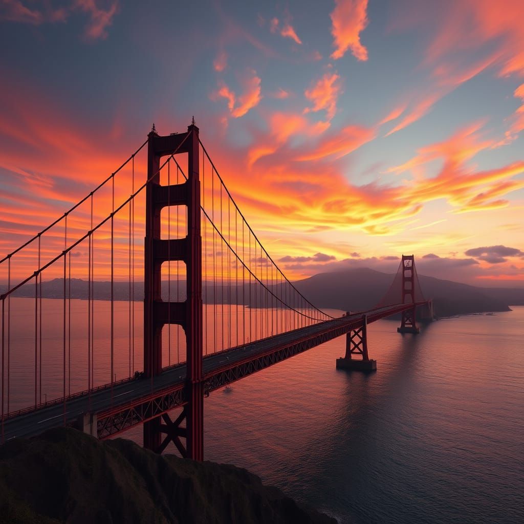 Golden Gate Bridge at Sunset in Majestic Fantasy Style