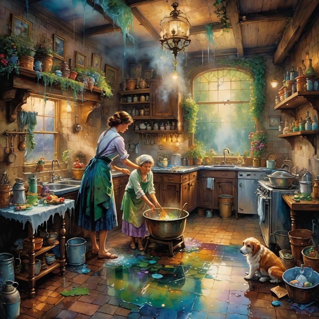 Woman's Cleaning Spree in Ethereal Fantasy Style