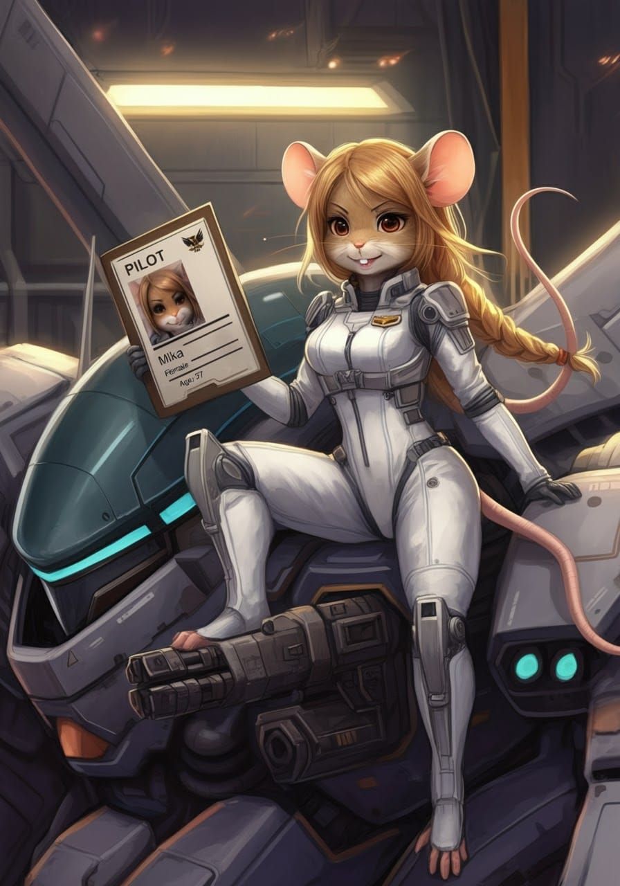 Mouse Pilot in Mech Hangar: Anime Watercolor Style