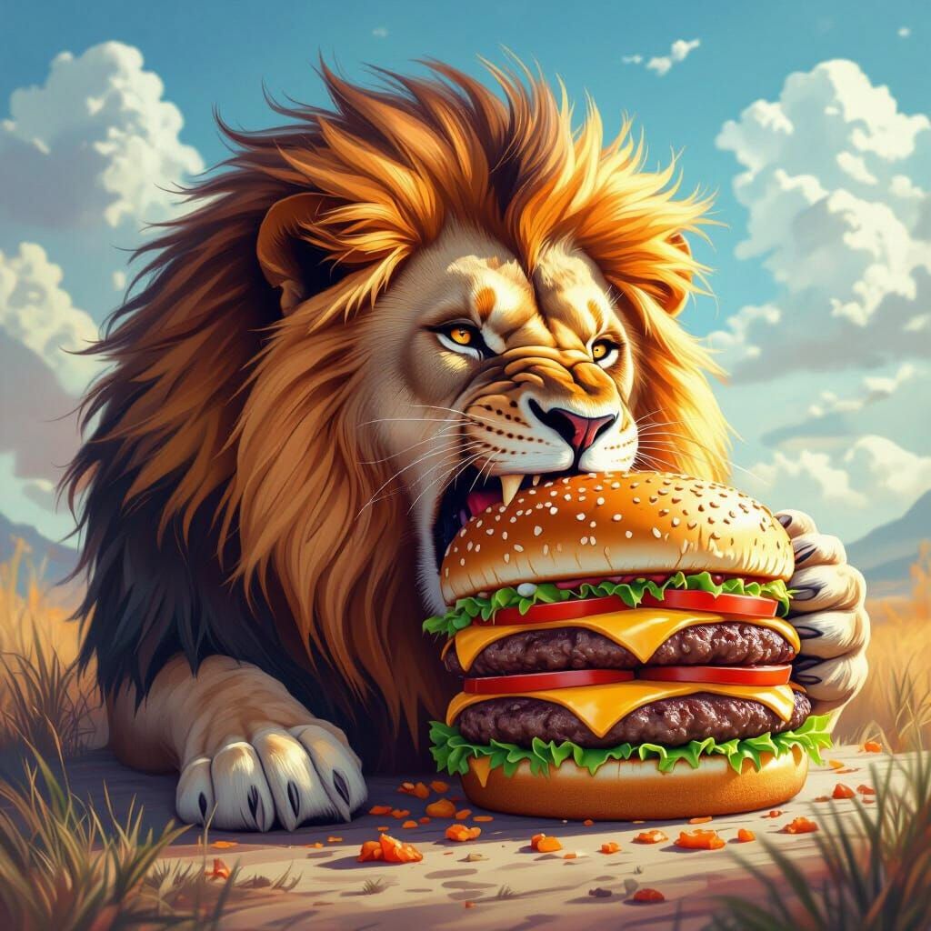Lion with Fiery Mane Devouring a Giant Burger
