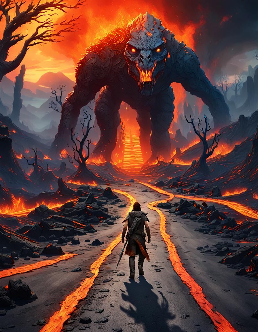 Fiery Highway Journey in Epic Fantasy Style