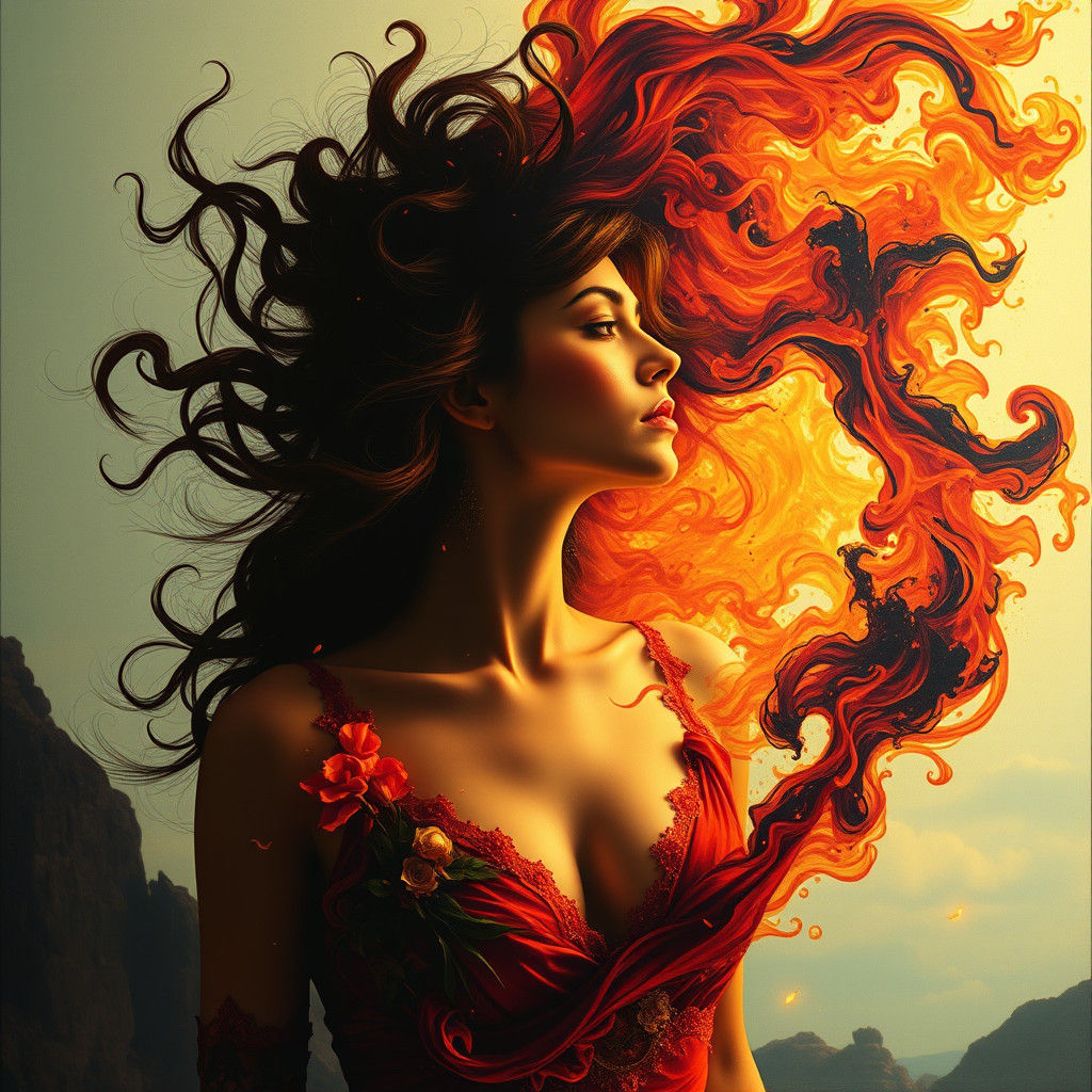 Surreal Woman's Hair Ablaze: A Double Exposure Fantasy