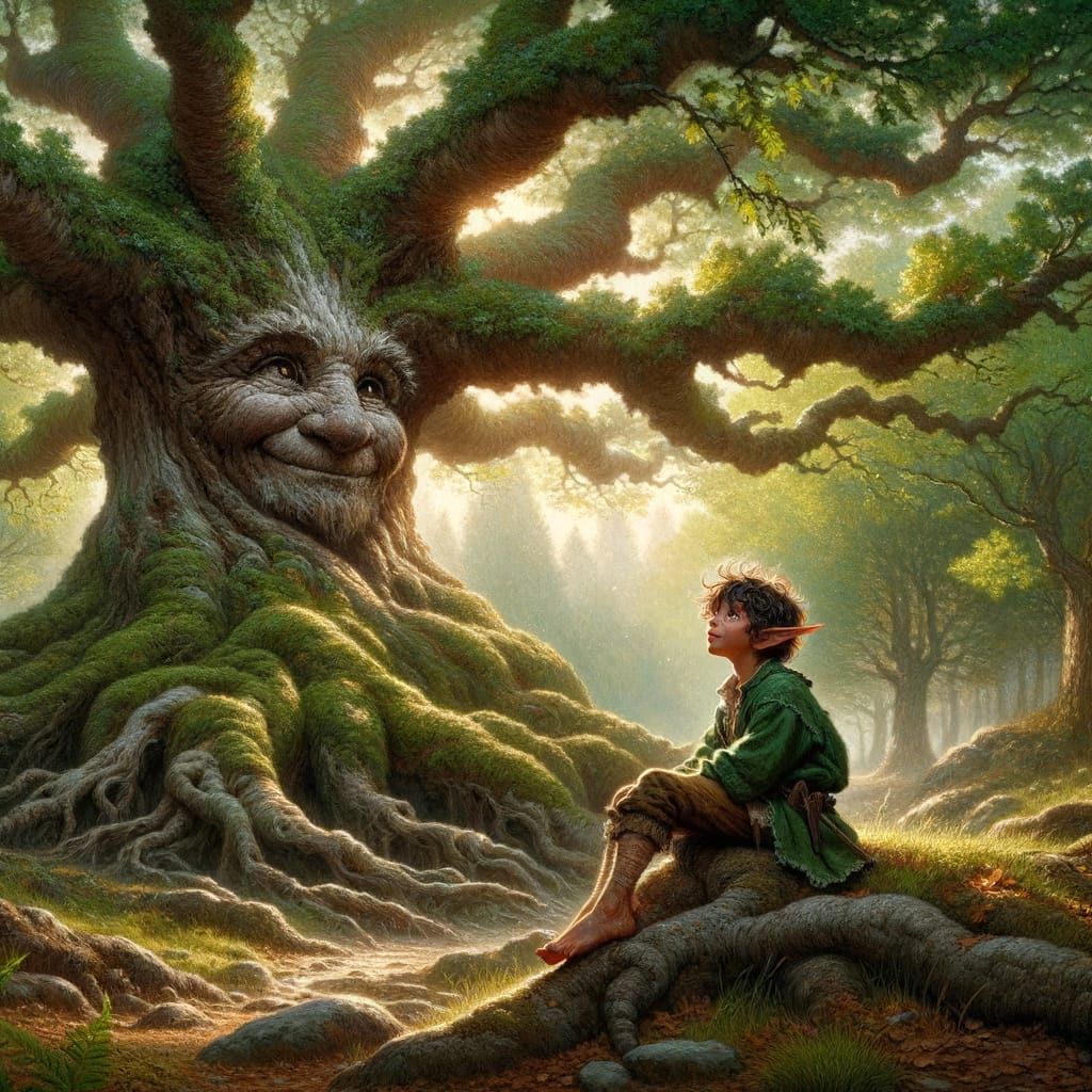 Divine Oak and Wood-Elf in Forest Sunlight