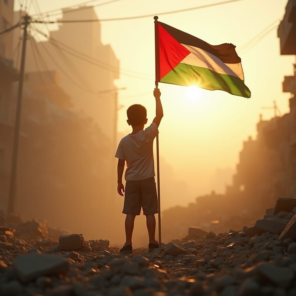 Hopeful Boy with Palestine Flag Amidst Rubble