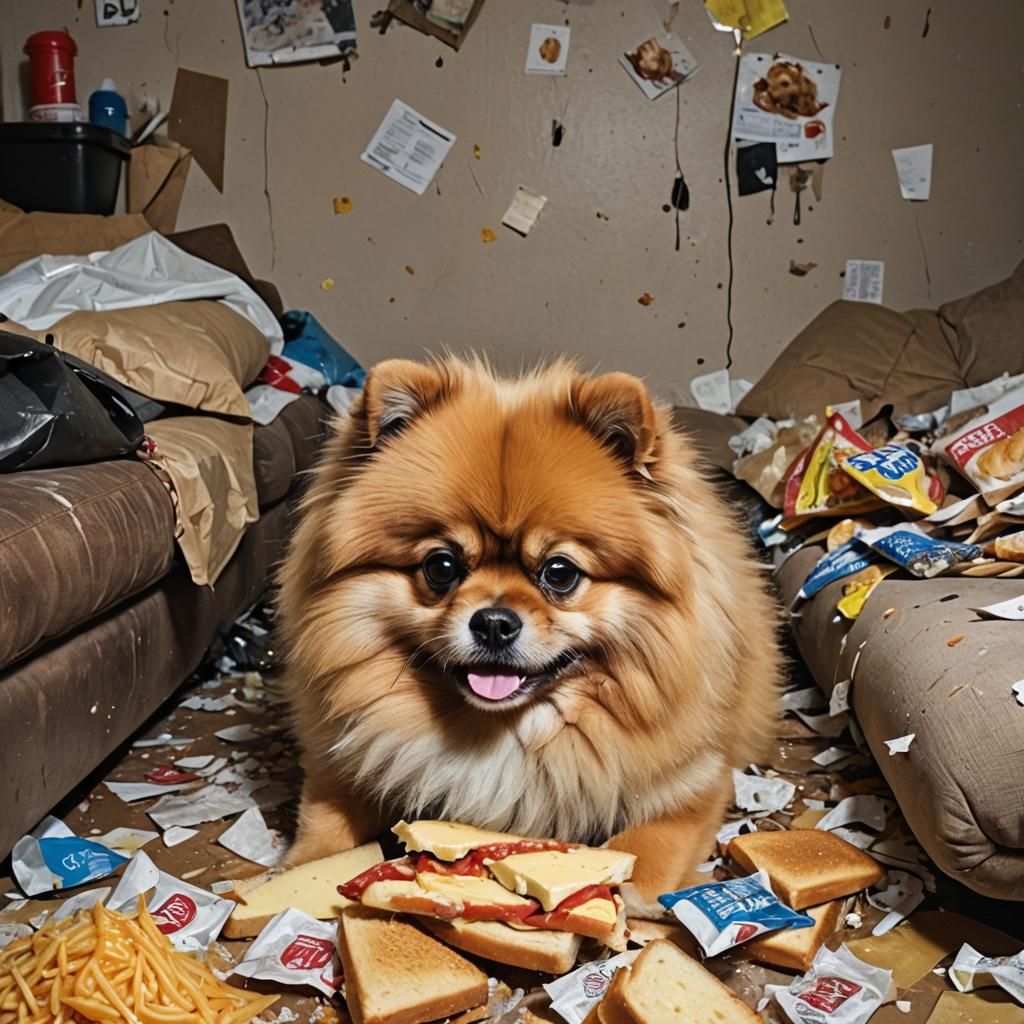 Overweight Pomeranian on Dirty Couch