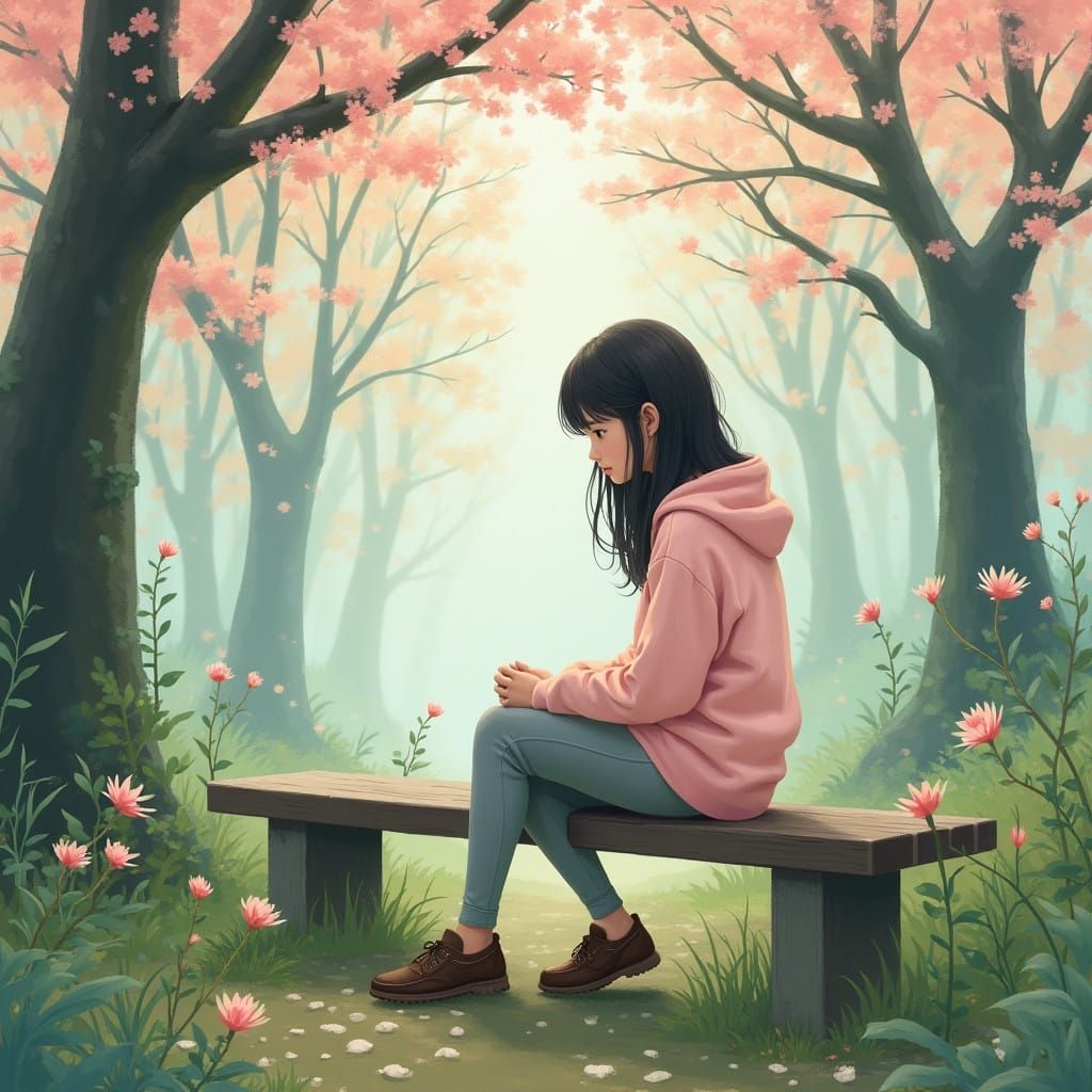 Whimsical Korean Teenager in Misty Forest Landscape