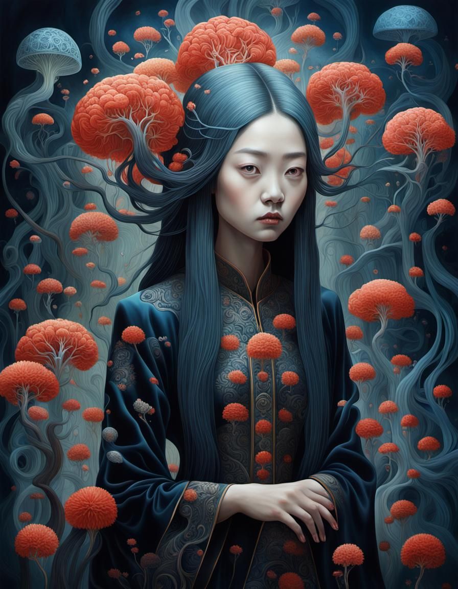 Surreal Fantasy Realm with Asian Woman