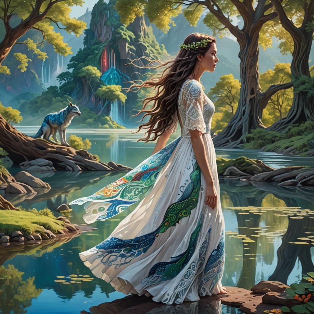 Woman and Pet in Alien Valley, Photorealistic Portrait