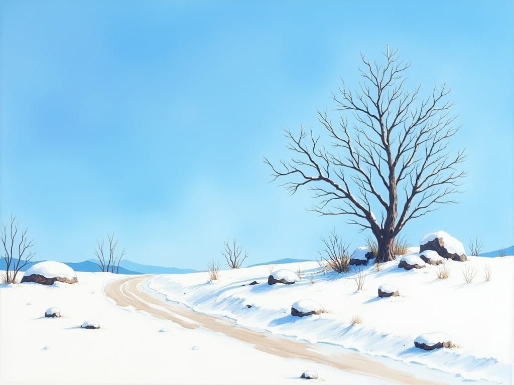 Winter Landscape with Silhouetted Tree in Vibrant Blue