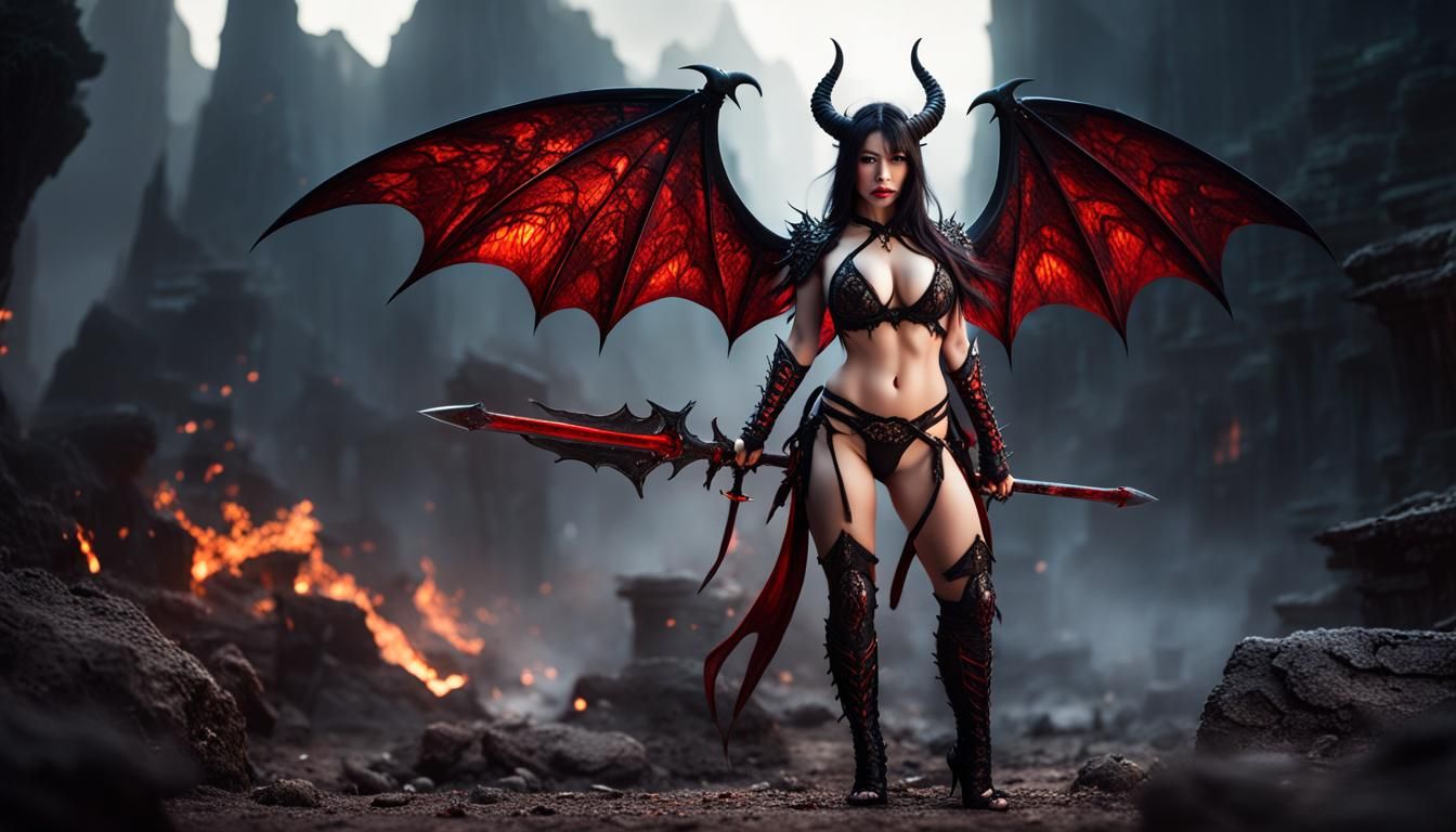 East Asian Demoness with Sword in Fiery Abyss
