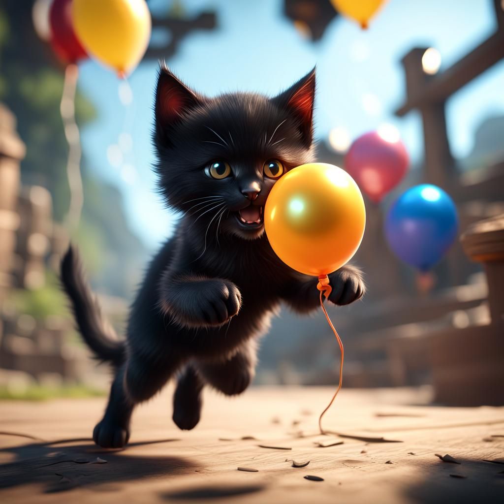 Black Kitten Attacks Balloon: 3D Game Cinematic