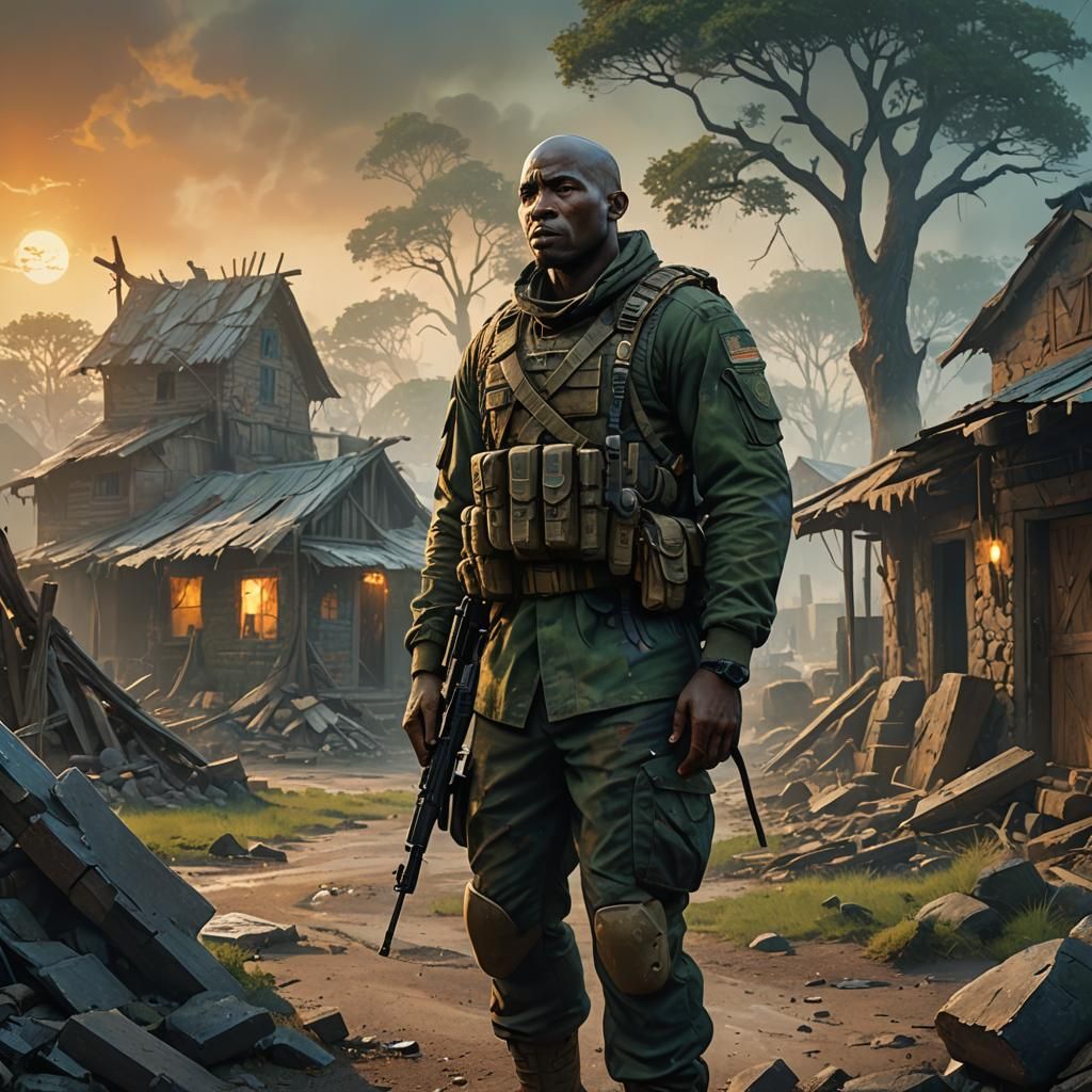 African American Soldier in Battle Scarred Village