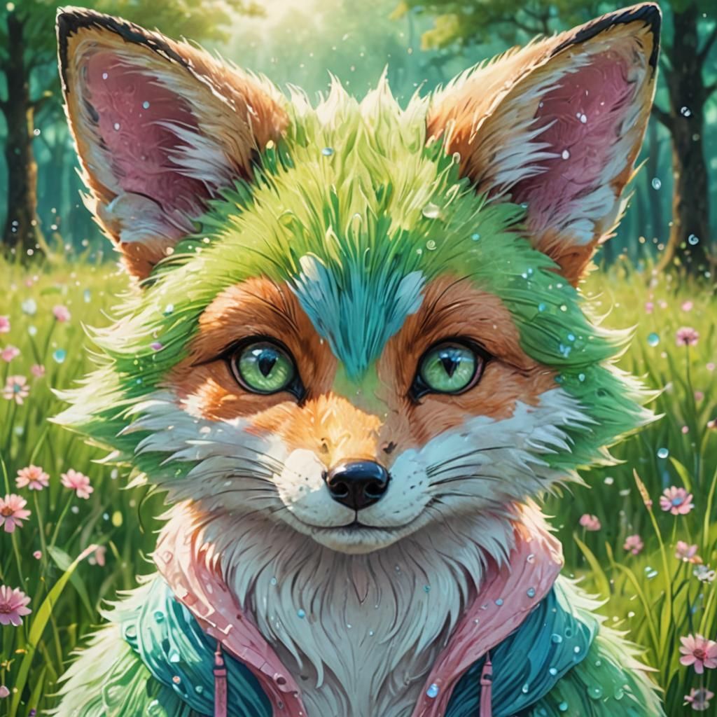 Pastel Anime Fox in Lush Meadow Illustration