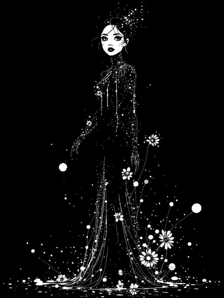 Classic Female Figure Study in Murakami and Beardsley Style