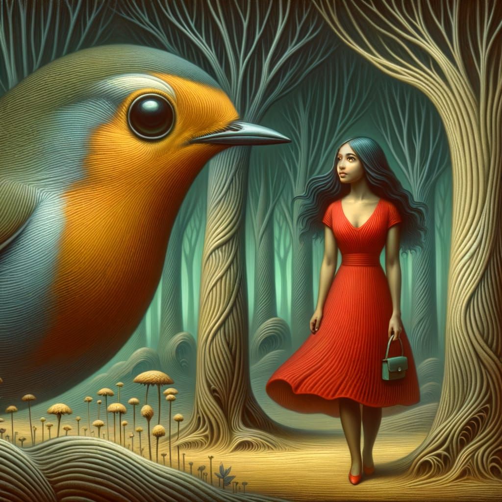 Surreal Robin and Woman in Forest Painting