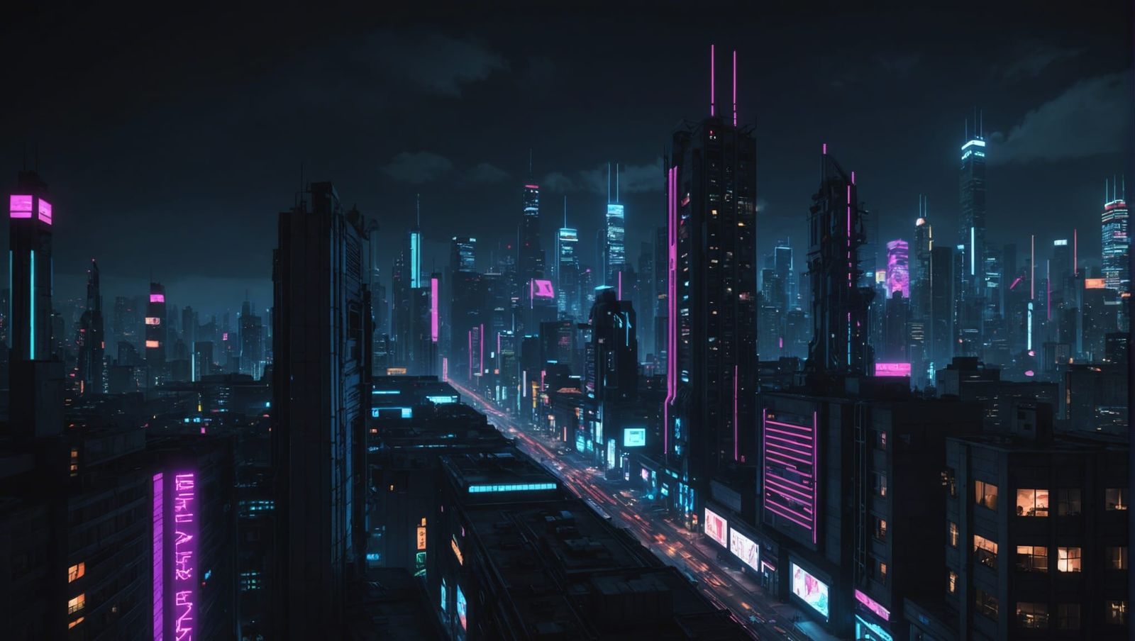 Cyberpunk Horror Skyline at Night with Neon Lighting