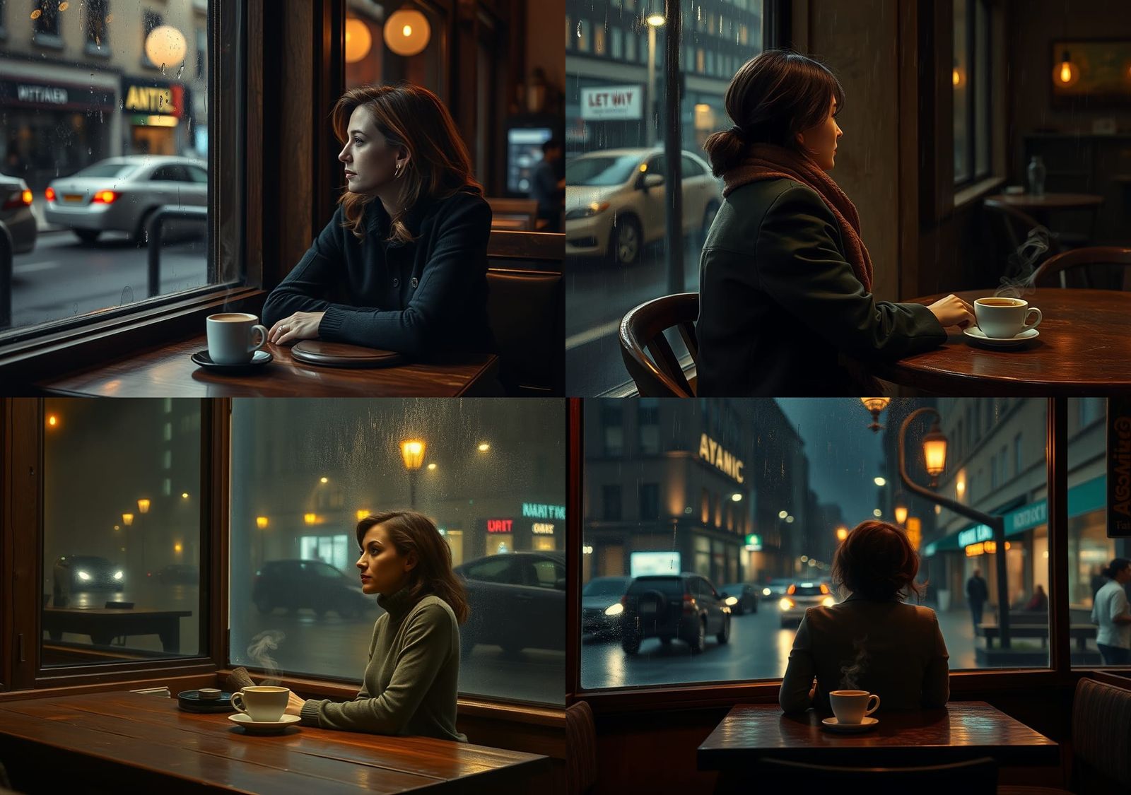 Melancholy Woman Gazing at Rainy Street Reflection