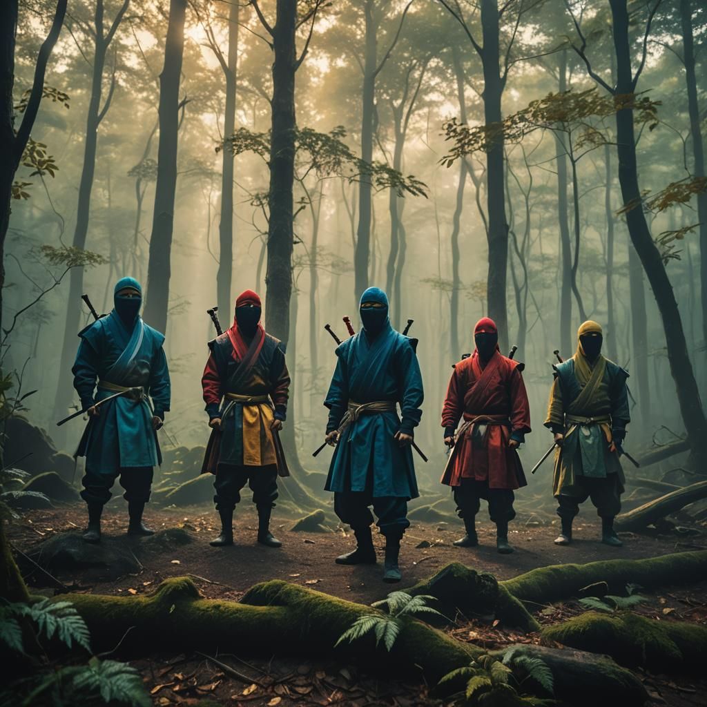 Colorful Ninjas in Misty Forest: Cinematic Film Still