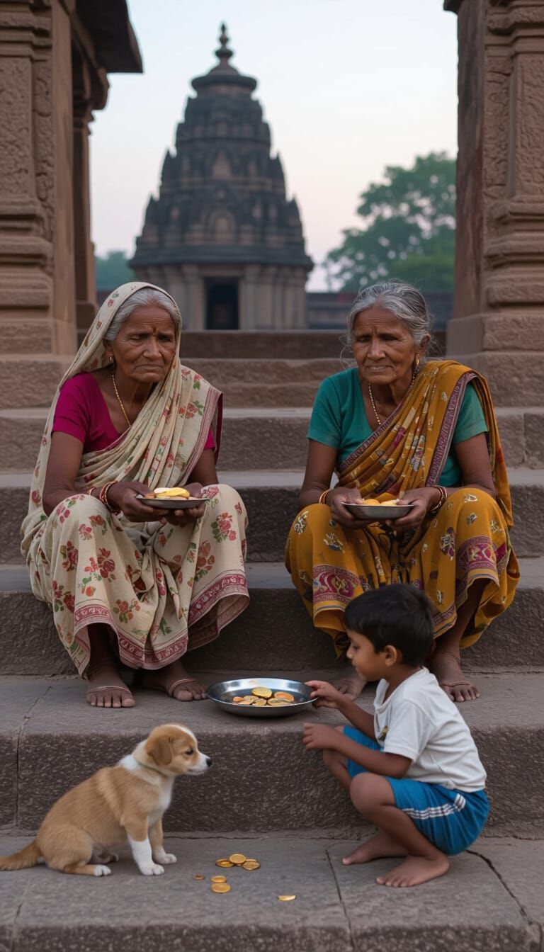 Compassion at Dusk: Temple Scene with Puppy
