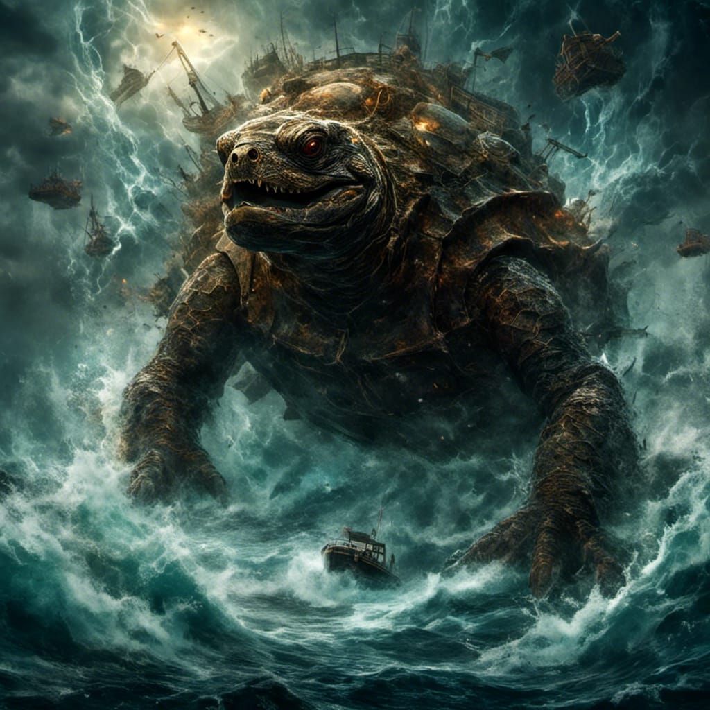Giant Turtle Emerges from Stormy Sea in Retrowave Style