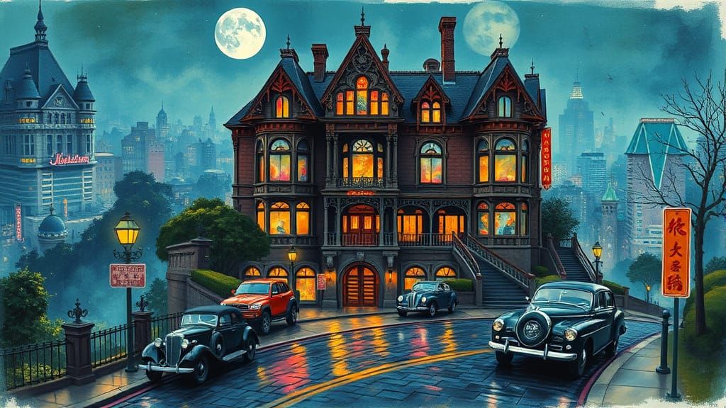 Victorian Mansion Over Cyberpunk City, Impasto Gouache Style