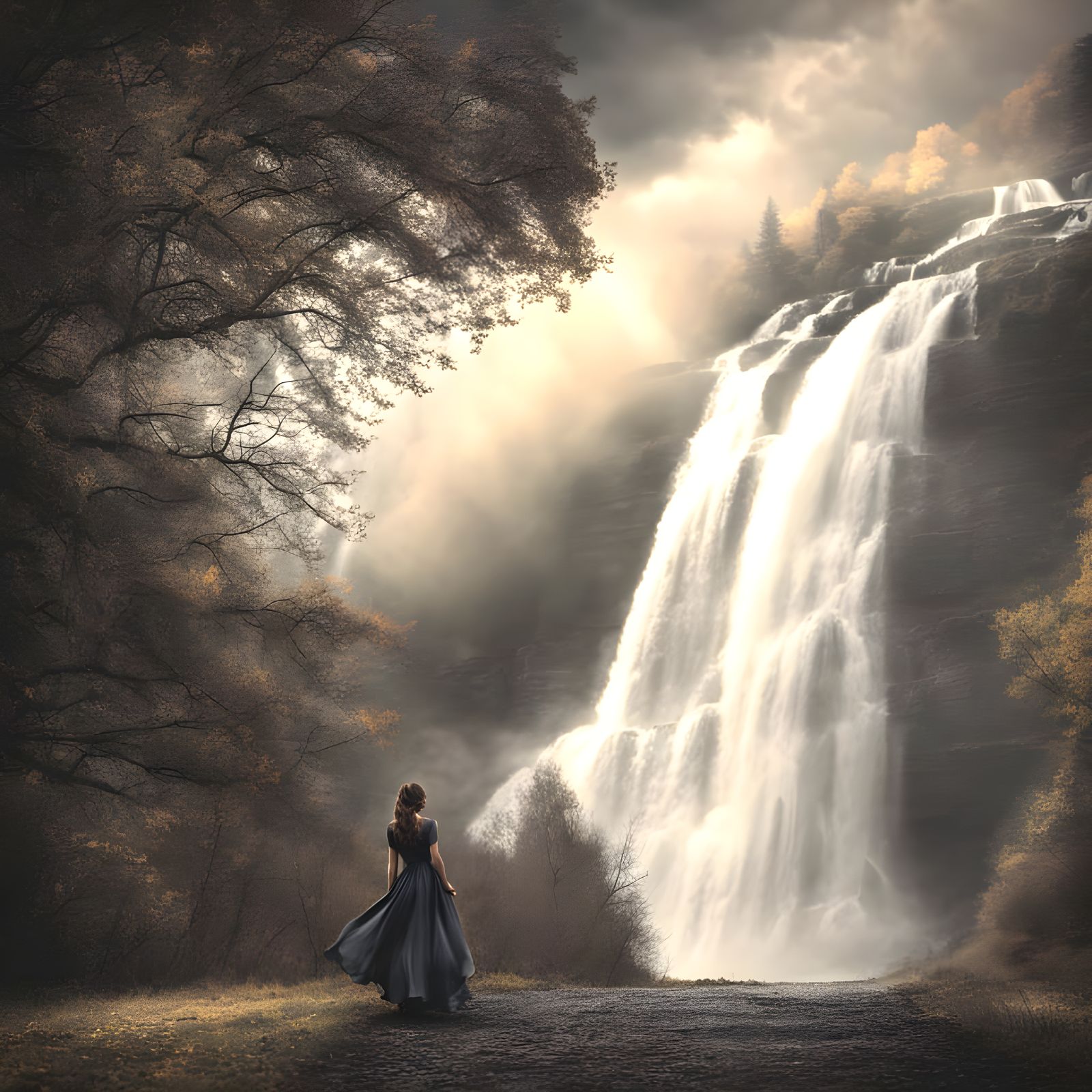 Ethereal Woman in Dreamlike Floral Landscape