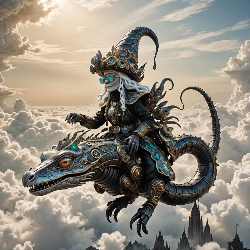 Gnome Rides Serpent in Sci-Fi Surrealist Style