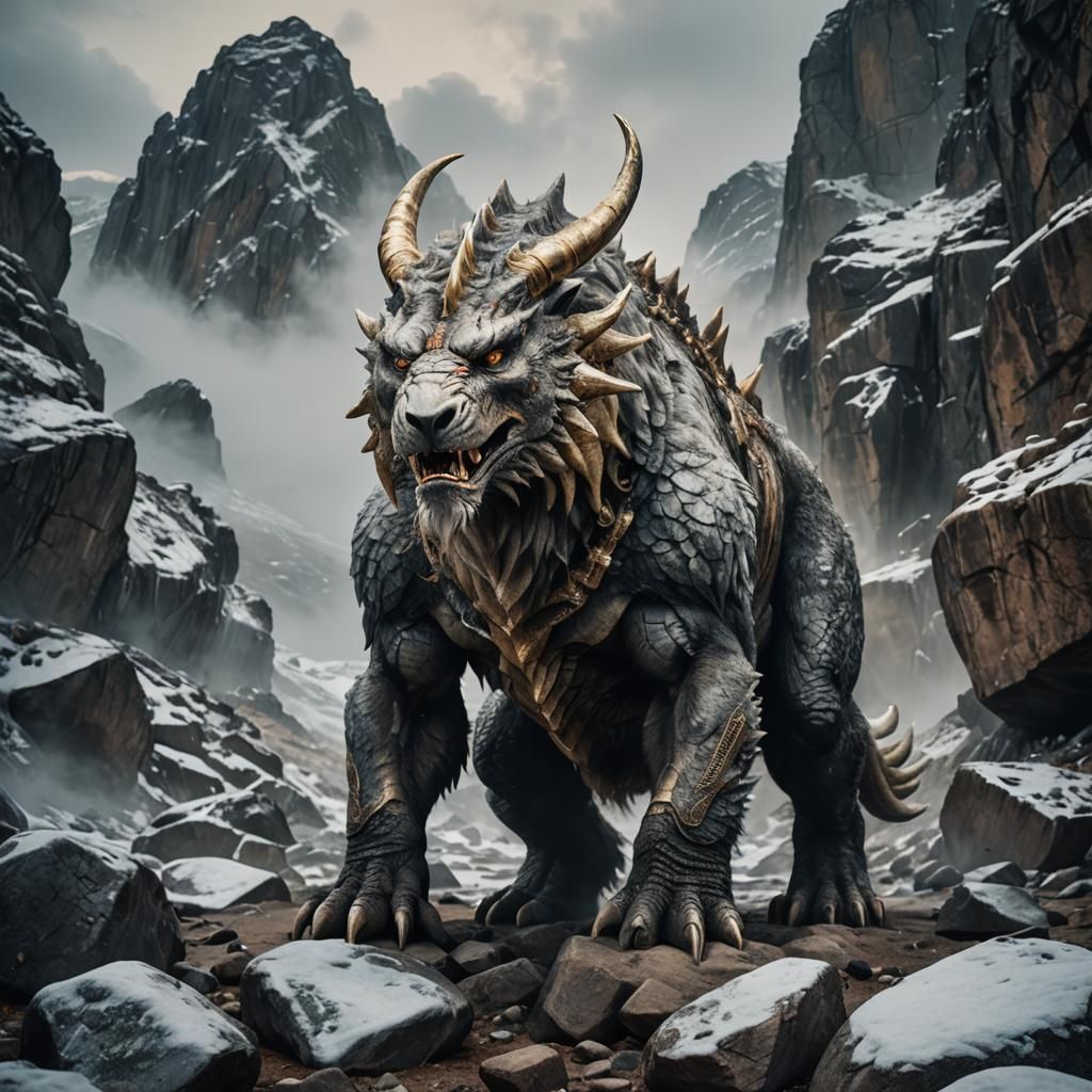 Majestic Horned Beast Exhaling Frost, Cinematic Still