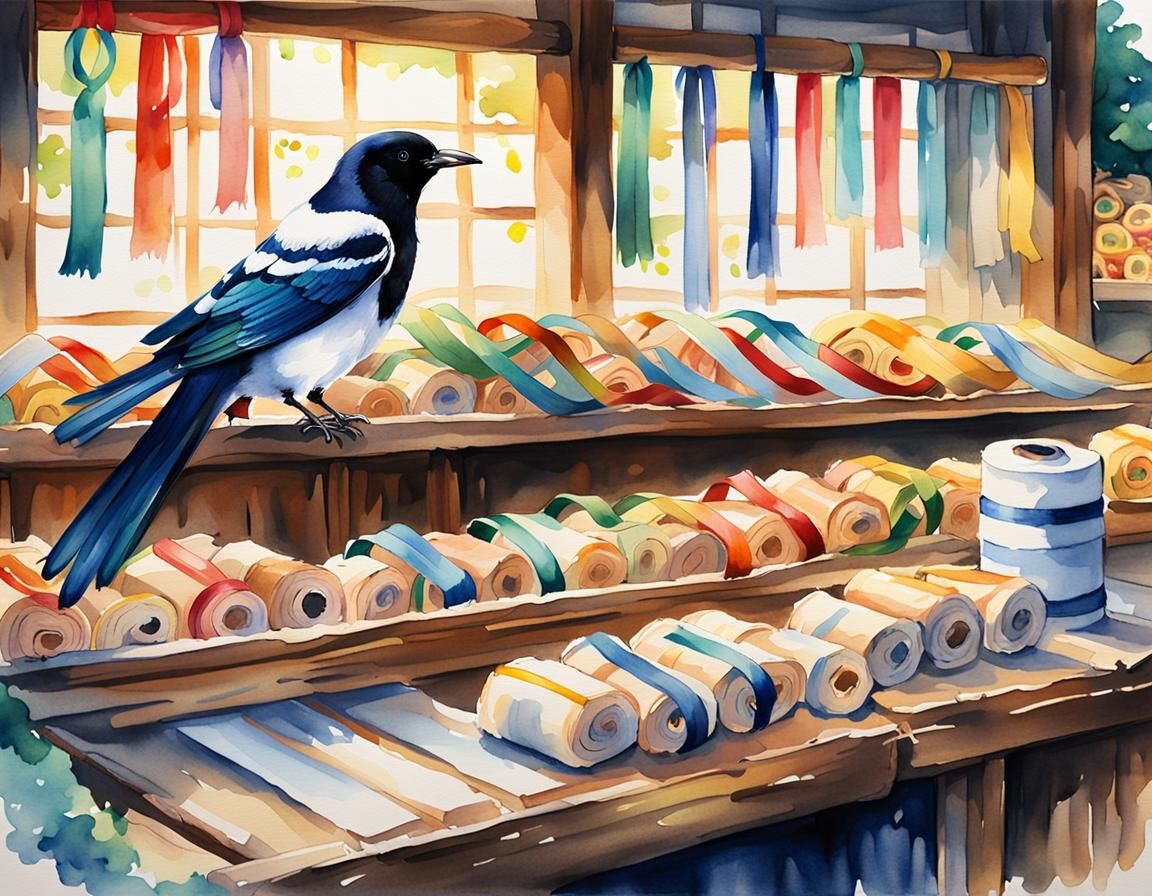 Japanese Watercolor Anime Magpie in Cozy Forest Shop