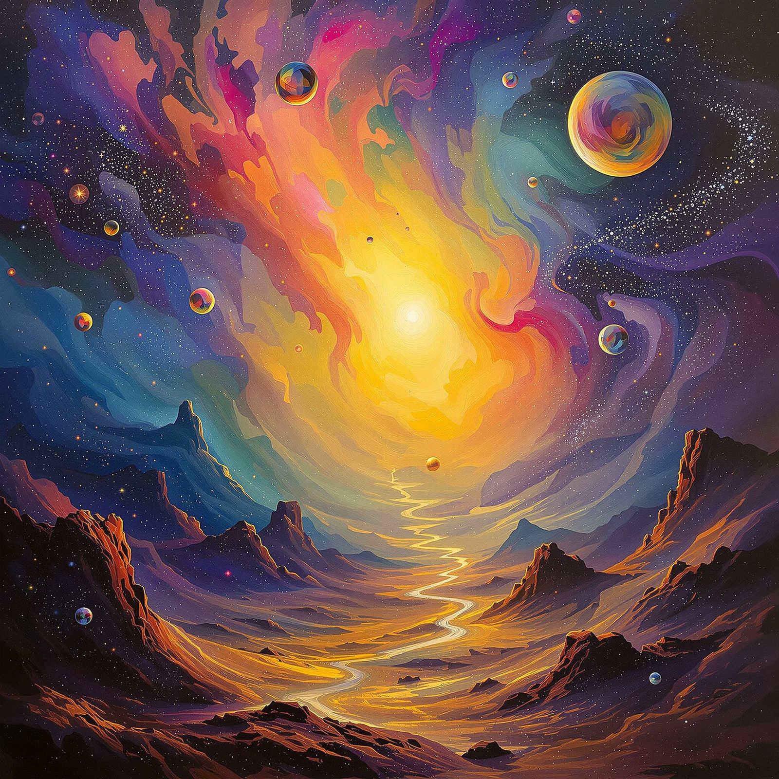 Dreamlike Cosmic Landscape Painting in Surrealist Style