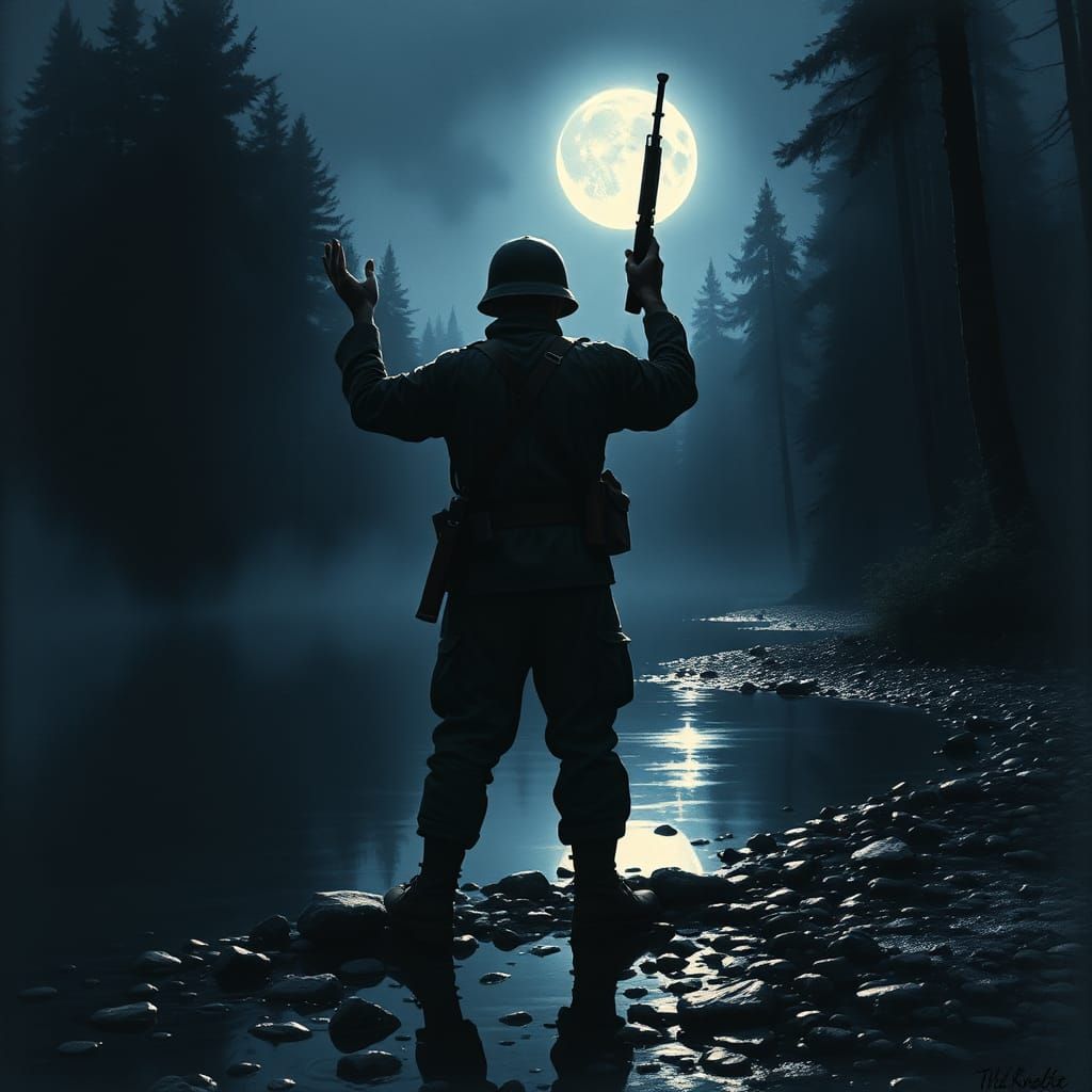 Stoic Soldier at Moonlit Stream in Watercolor Style