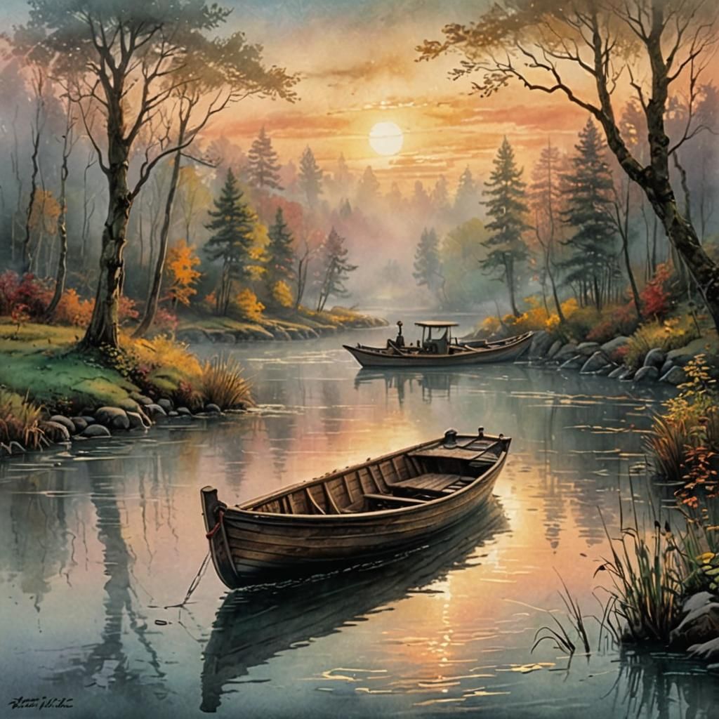 Ethereal Sunrise River Scene in Triadic Colors