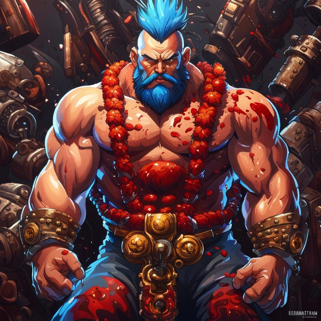Zangief with Blue Mohawk in Comic Book Art