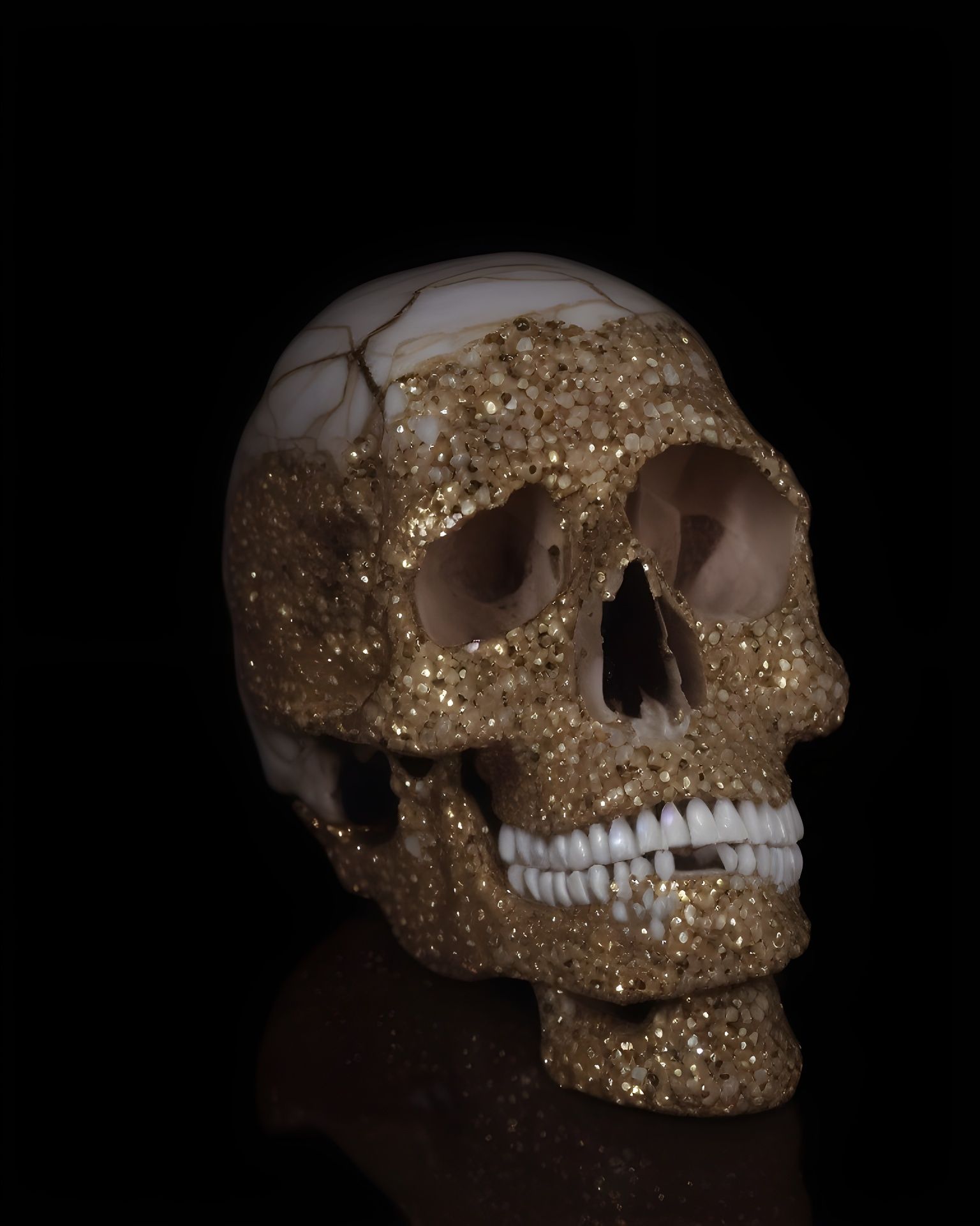 Ornate Marble Skull Portrait with Gold and Jewels