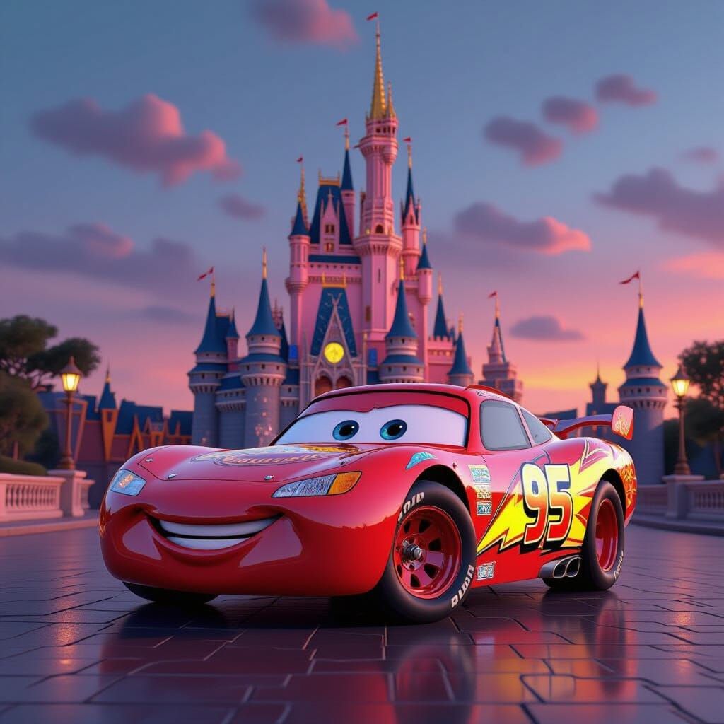 Lightning McQueen at Disney Castle in Cinematic 3D Style