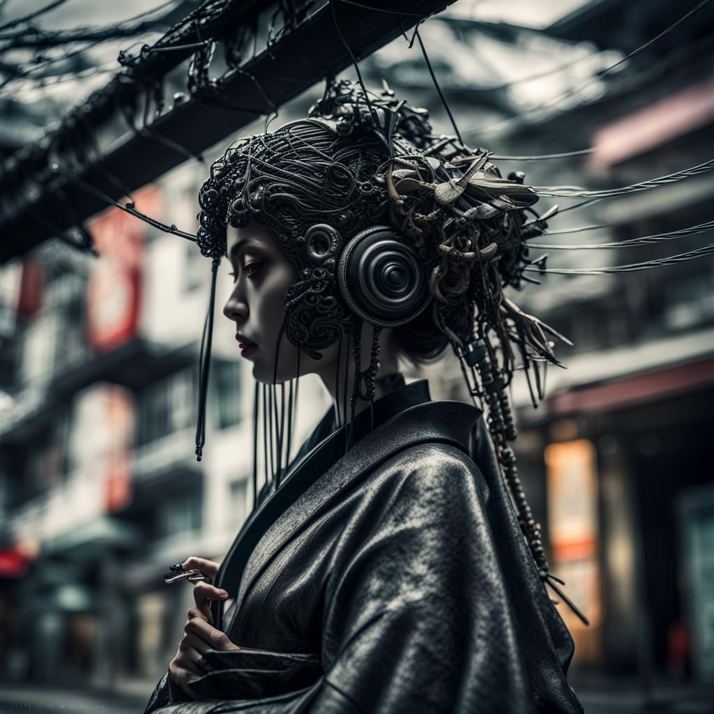 Geisha Cyborg with Samurai Sword in Giger Style