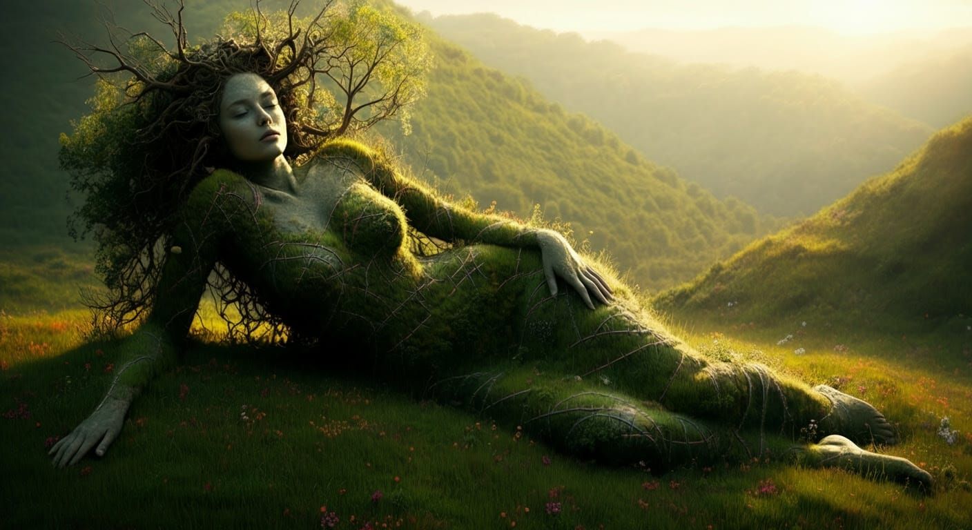 Ethereal Goddess Emerges from Dreamlike Landscape