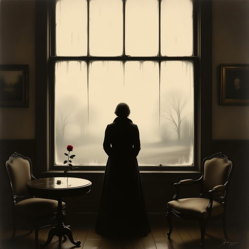 Melancholy Figure at Foggy Window in Painterly Realism