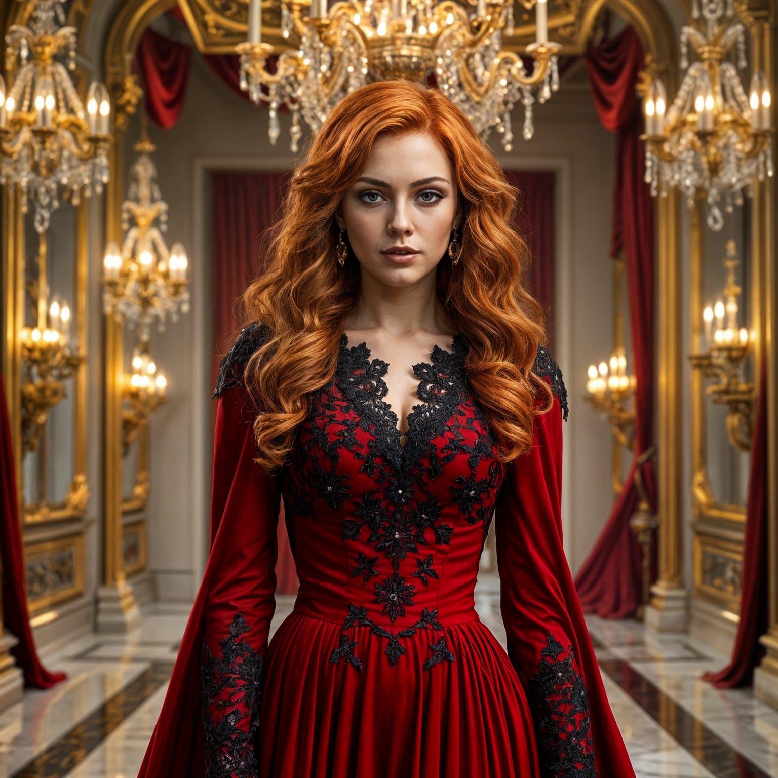 Phenomenal Red-Haired Woman in Opulent Hall