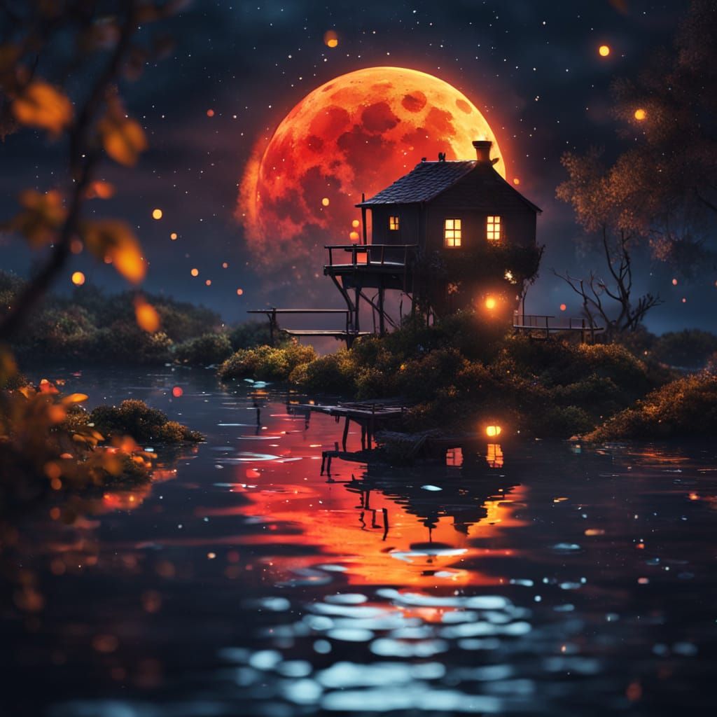Quirky tree house with ocean view at night with moon glowing red through the clouds in the sky,