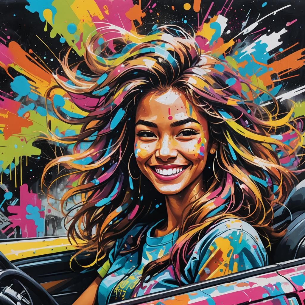 Retro-Futuristic Car Street Art in Abstract Expressionism