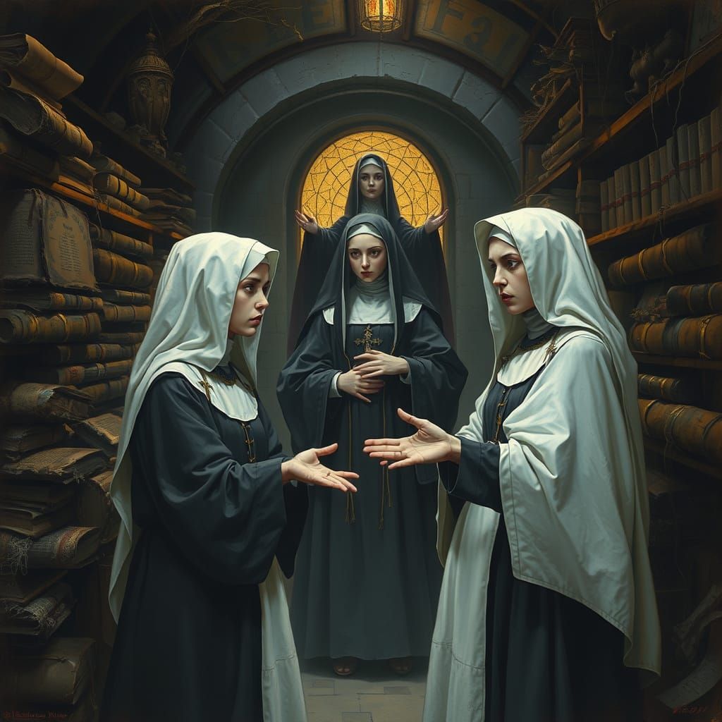 Dark Fantasy Confrontation in a Gothic Cellar