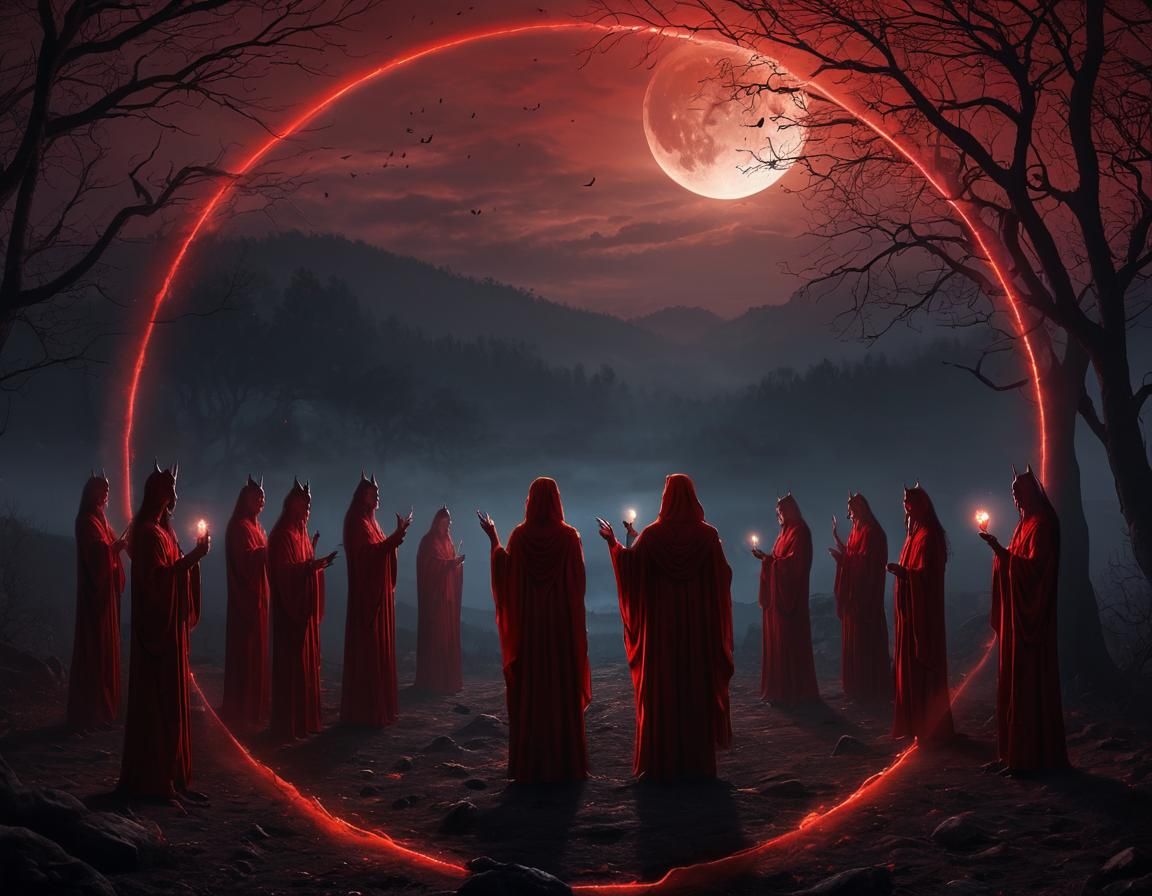 Ethereal Gathering of Supernatural Beings Under Red Moon