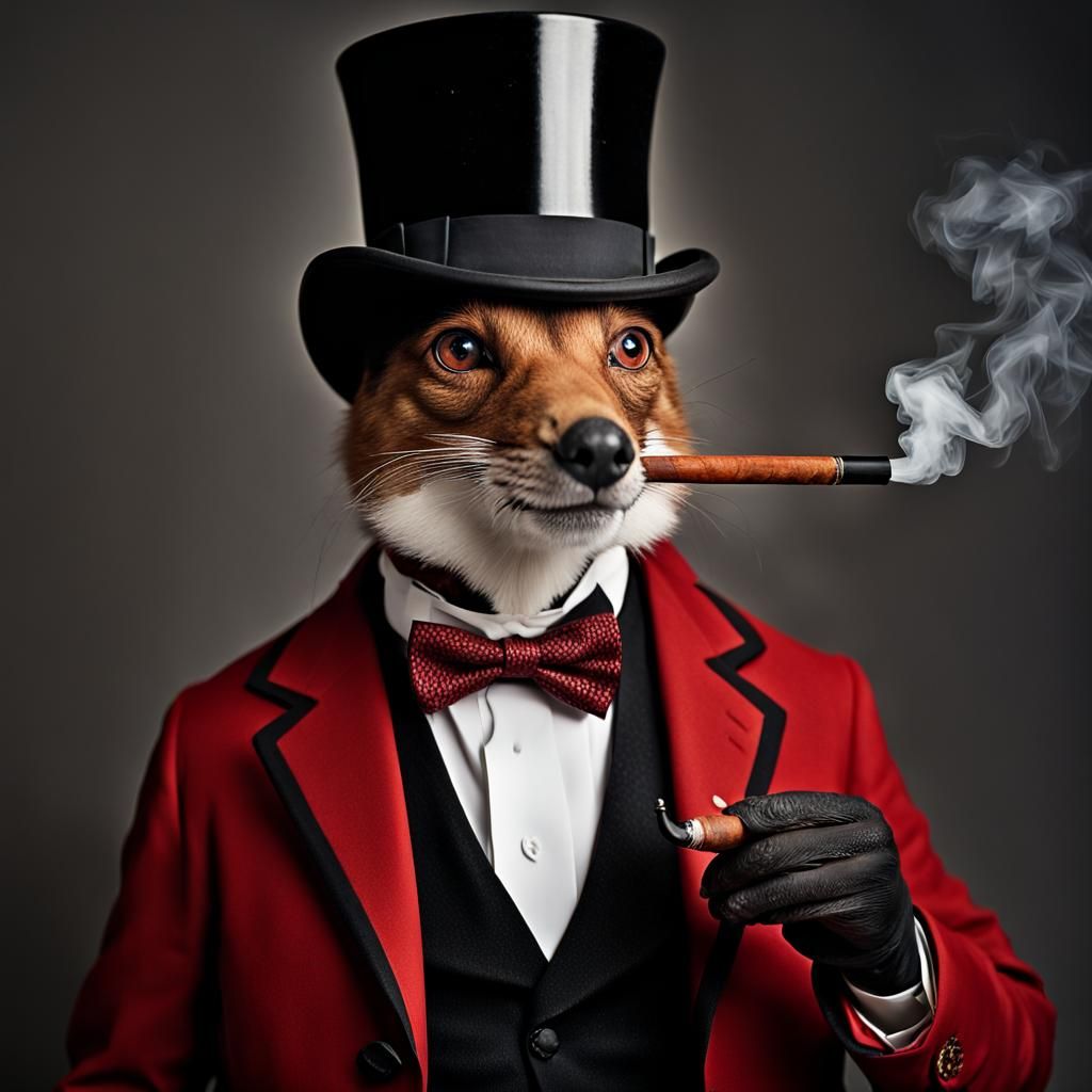 Dapper Fox Portrait in Red Coat and Top Hat